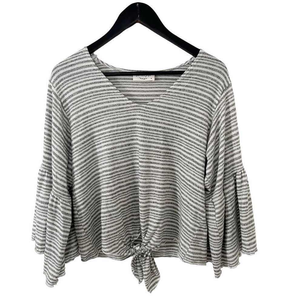 Lavender Fields Grey White Stripe Knotted Hem V-neckline Bell Sleeves‎ Blouse